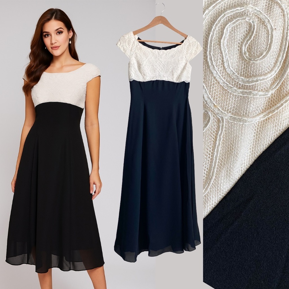 Vintage Scott McClintock Midi Dress Victorian Chiffon Romantic Black Cream Lace